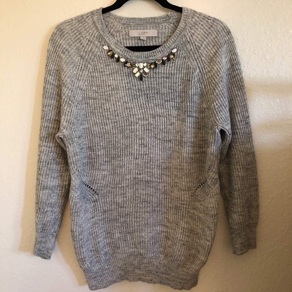Loft Gray Embroidered Knit Sweater